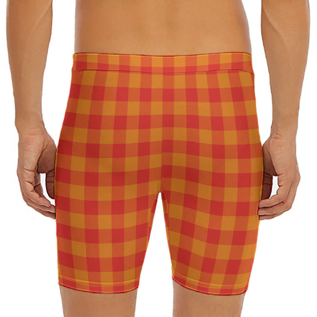 Orange Buffalo Check Pattern Print Men's Long Boxer Briefs