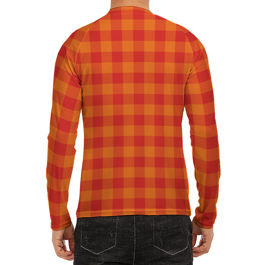 Orange Buffalo Check Pattern Print Men's Long Sleeve Rash Guard