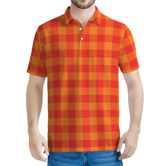 Orange Buffalo Check Pattern Print Men's Polo Shirt