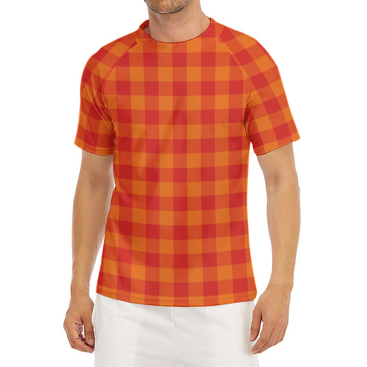 Orange Buffalo Check Pattern Print Men's Short Sleeve Rash Guard