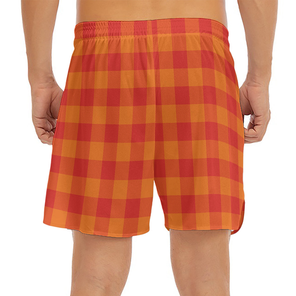 Orange Buffalo Check Pattern Print Men's Split Running Shorts