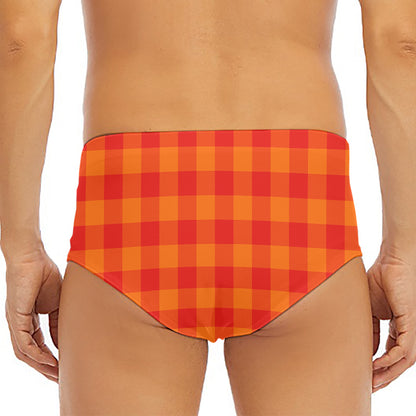 Orange Buffalo Check Pattern Print Men's Triangle Swim Briefs