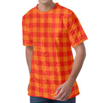 Orange Buffalo Check Pattern Print Men's Velvet T-Shirt