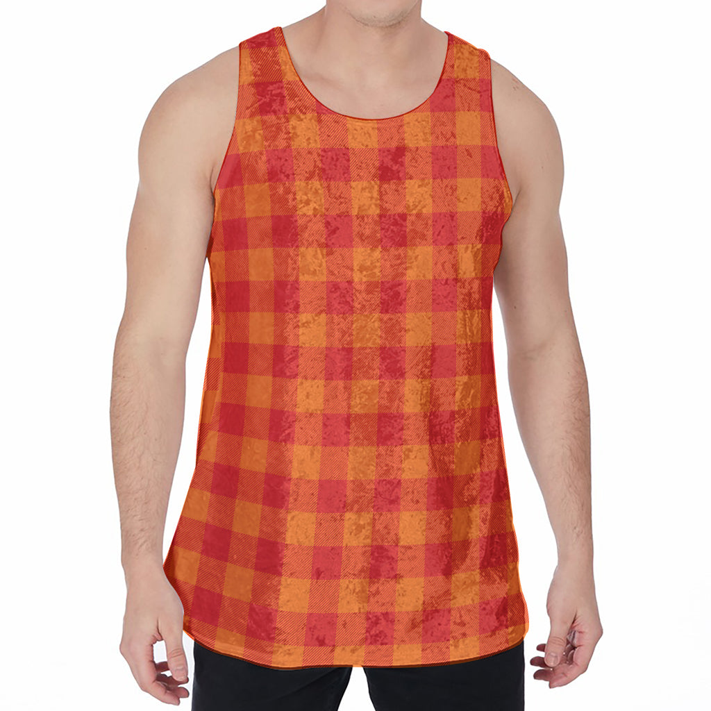 Orange Buffalo Check Pattern Print Men's Velvet Tank Top