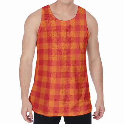 Orange Buffalo Check Pattern Print Men's Velvet Tank Top