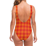 Orange Buffalo Check Pattern Print One Piece Swimsuit