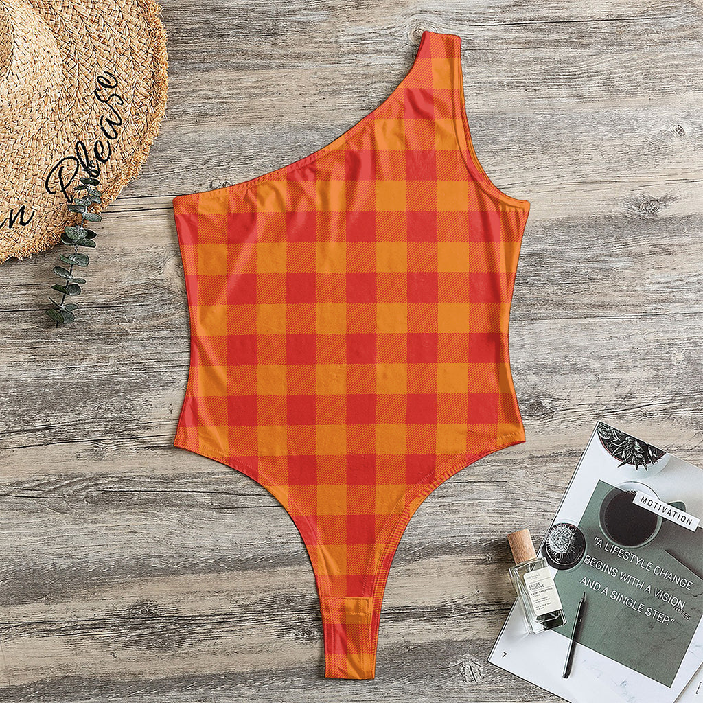 Orange Buffalo Check Pattern Print One Shoulder Bodysuit
