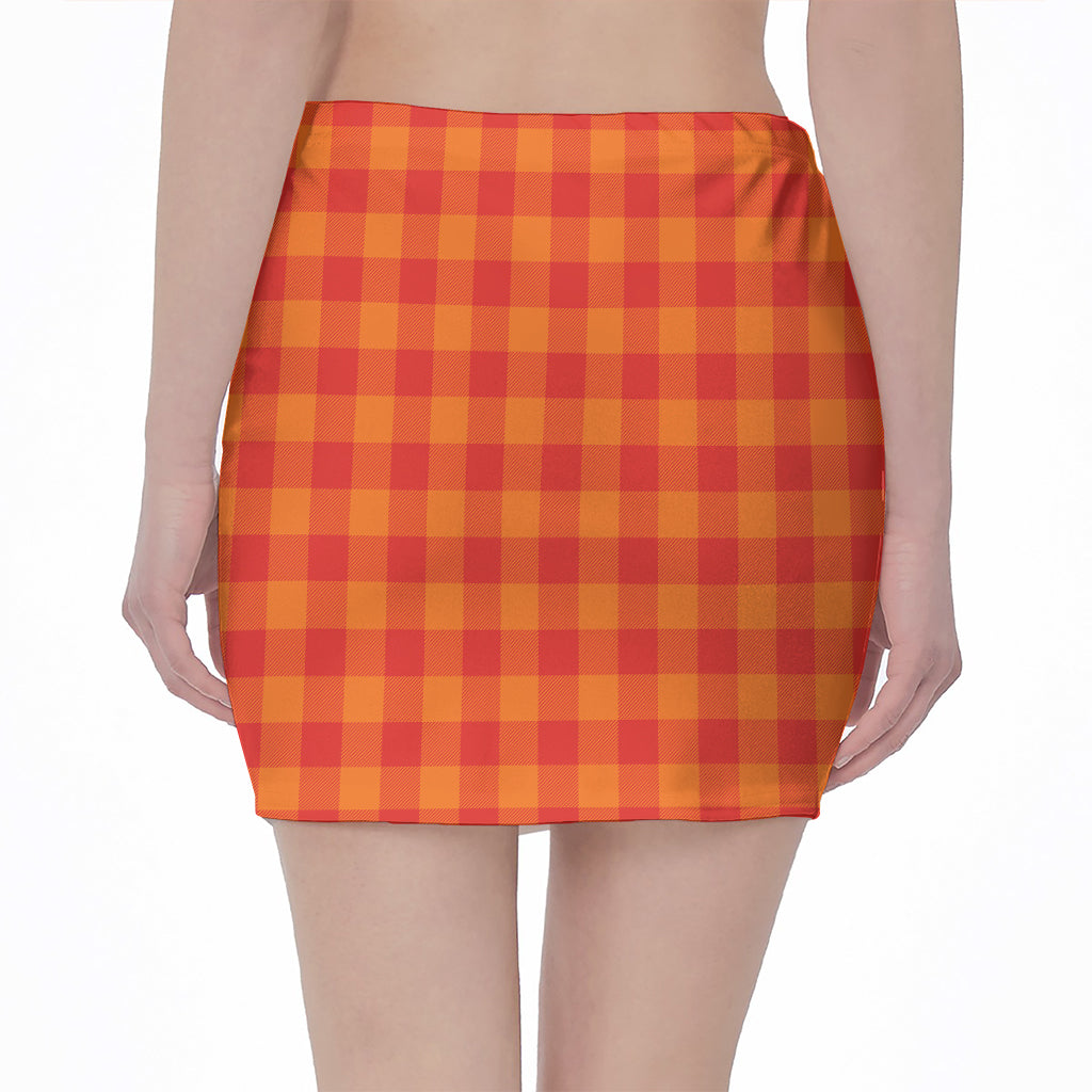 Orange Buffalo Check Pattern Print Pencil Mini Skirt