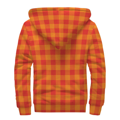 Orange Buffalo Check Pattern Print Sherpa Lined Zip Up Hoodie