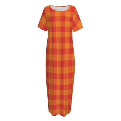 Orange Buffalo Check Pattern Print Short Sleeve Long Nightdress