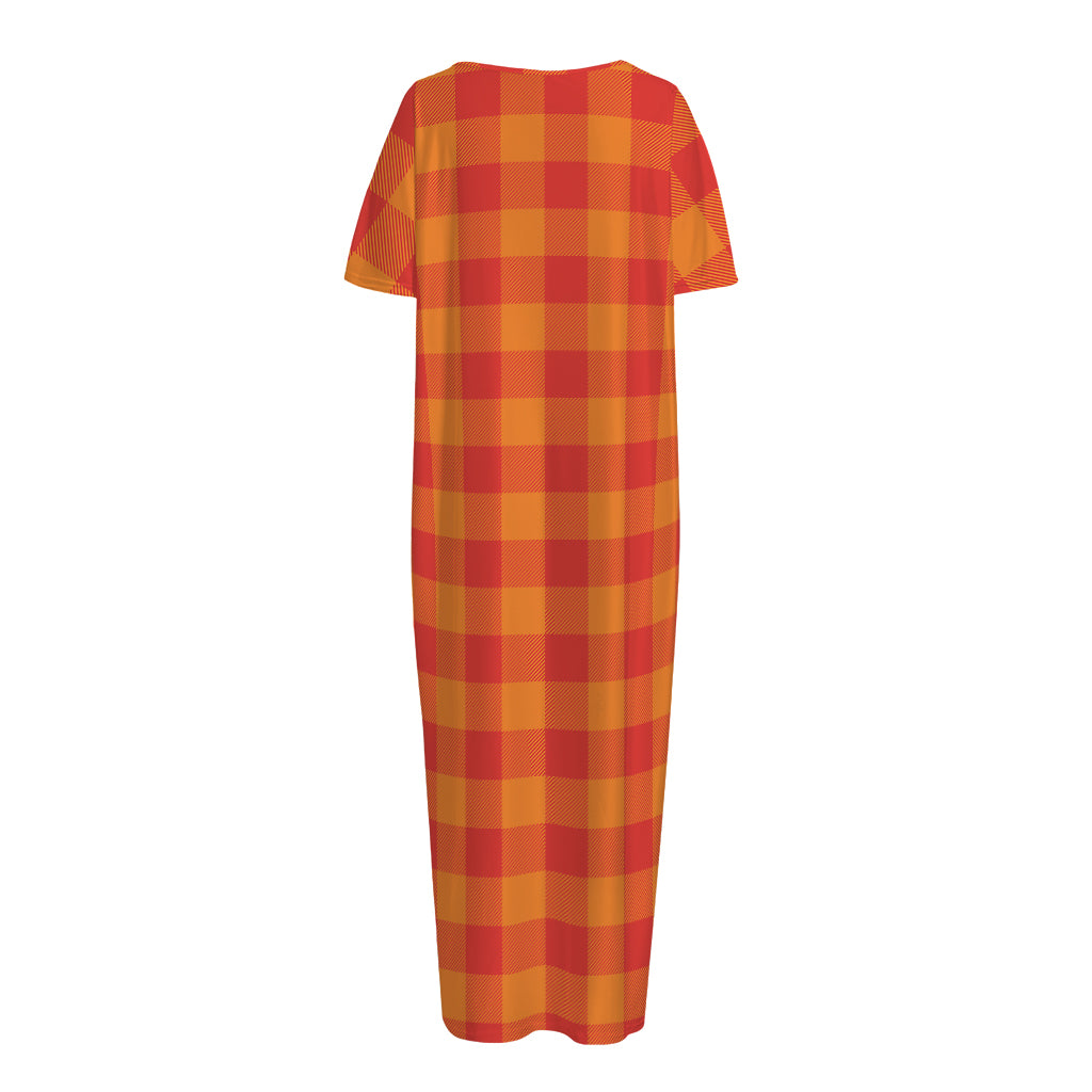 Orange Buffalo Check Pattern Print Short Sleeve Long Nightdress