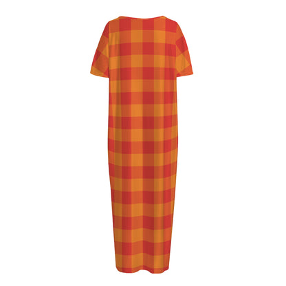 Orange Buffalo Check Pattern Print Short Sleeve Long Nightdress