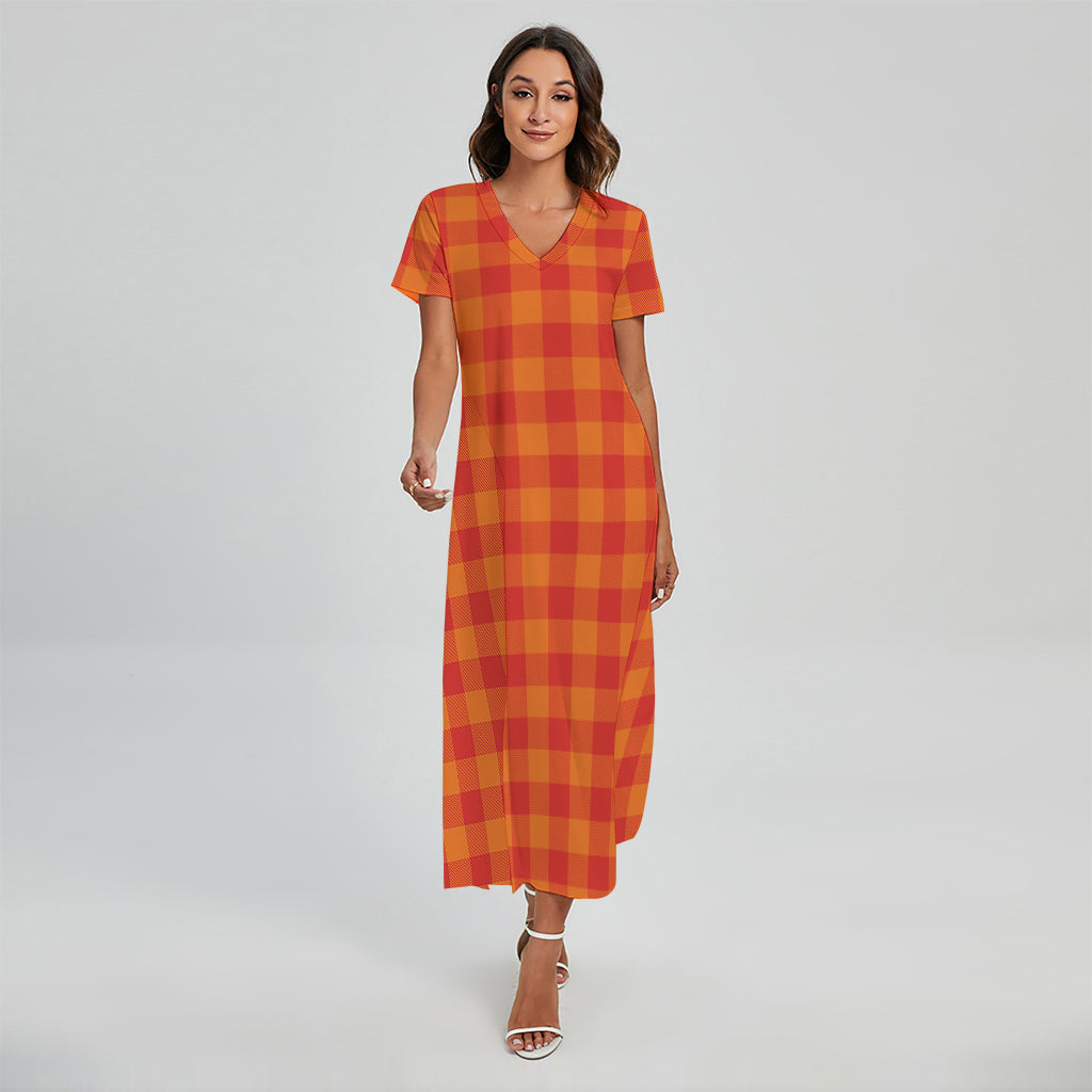 Orange Buffalo Check Pattern Print Short Sleeve Maxi Dress