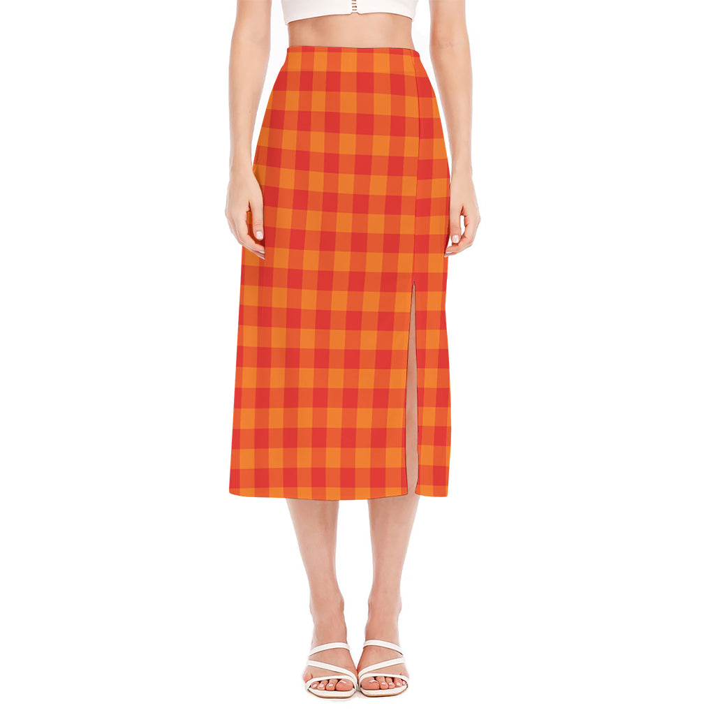 Orange Buffalo Check Pattern Print Side Slit Midi Skirt