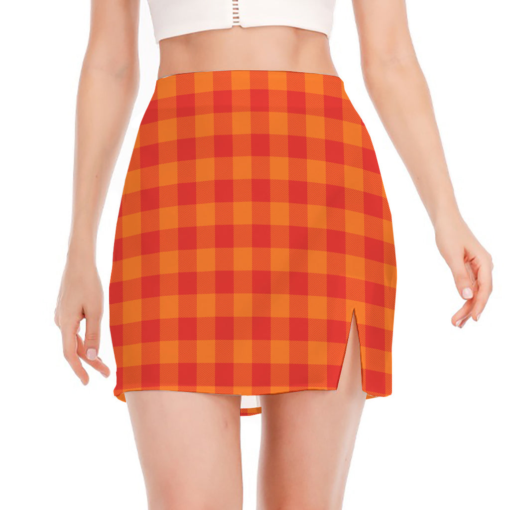Orange Buffalo Check Pattern Print Side Slit Mini Skirt