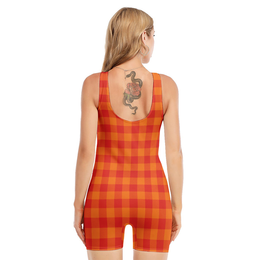 Orange Buffalo Check Pattern Print Sleeveless One Piece Swimsuit