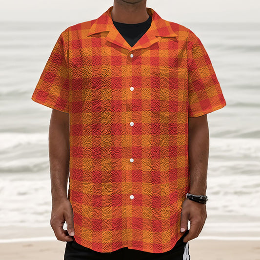 Orange Buffalo Check Pattern Print Textured Short Sleeve Shirt