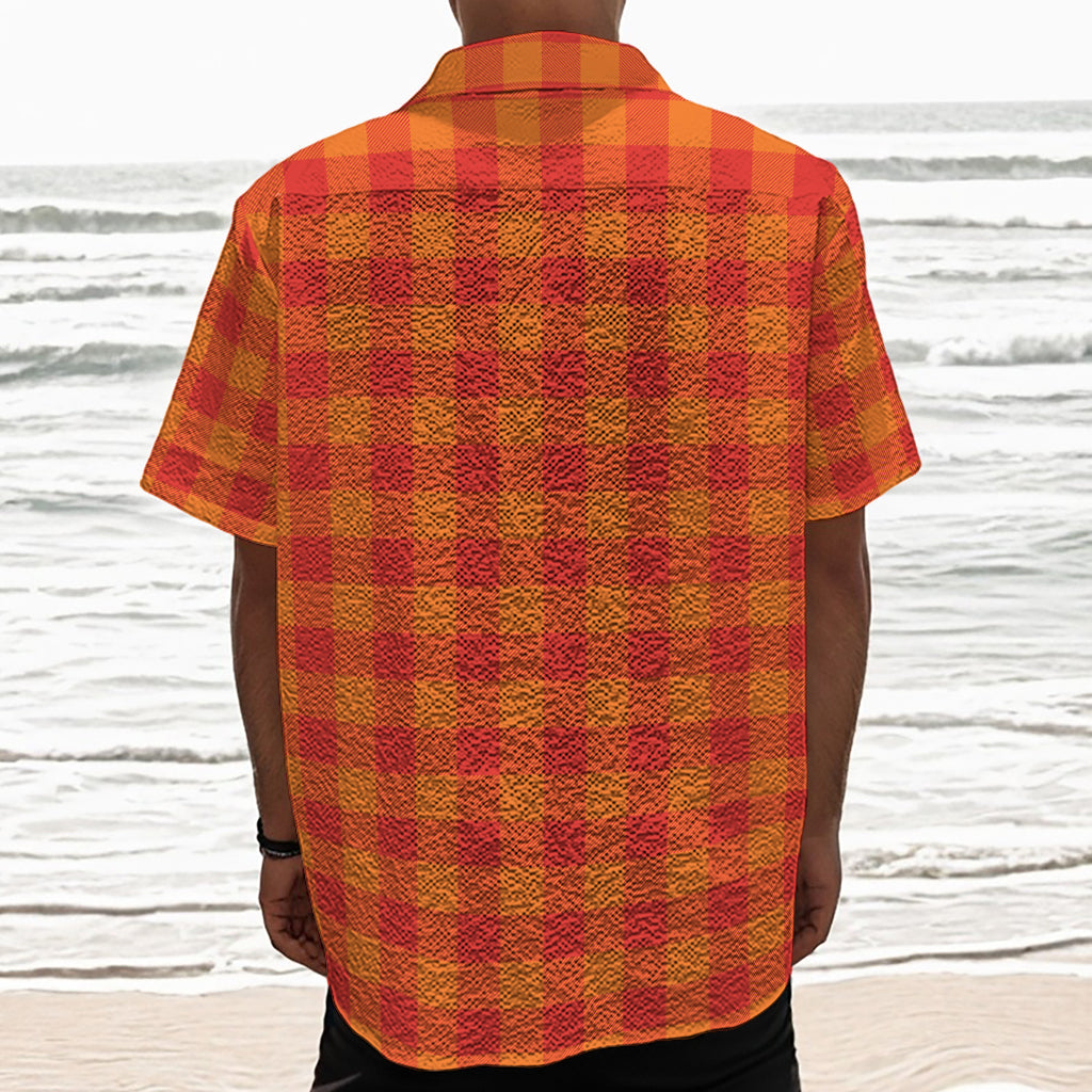 Orange Buffalo Check Pattern Print Textured Short Sleeve Shirt