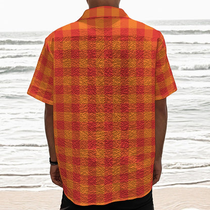 Orange Buffalo Check Pattern Print Textured Short Sleeve Shirt