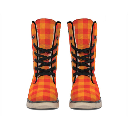 Orange Buffalo Check Pattern Print Winter Boots