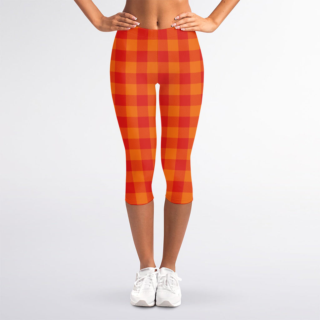Orange Buffalo Check Pattern Print Women's Capri Leggings