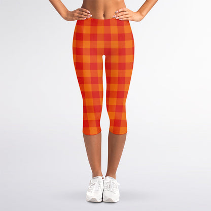 Orange Buffalo Check Pattern Print Women's Capri Leggings