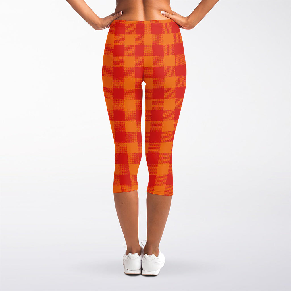 Orange Buffalo Check Pattern Print Women's Capri Leggings