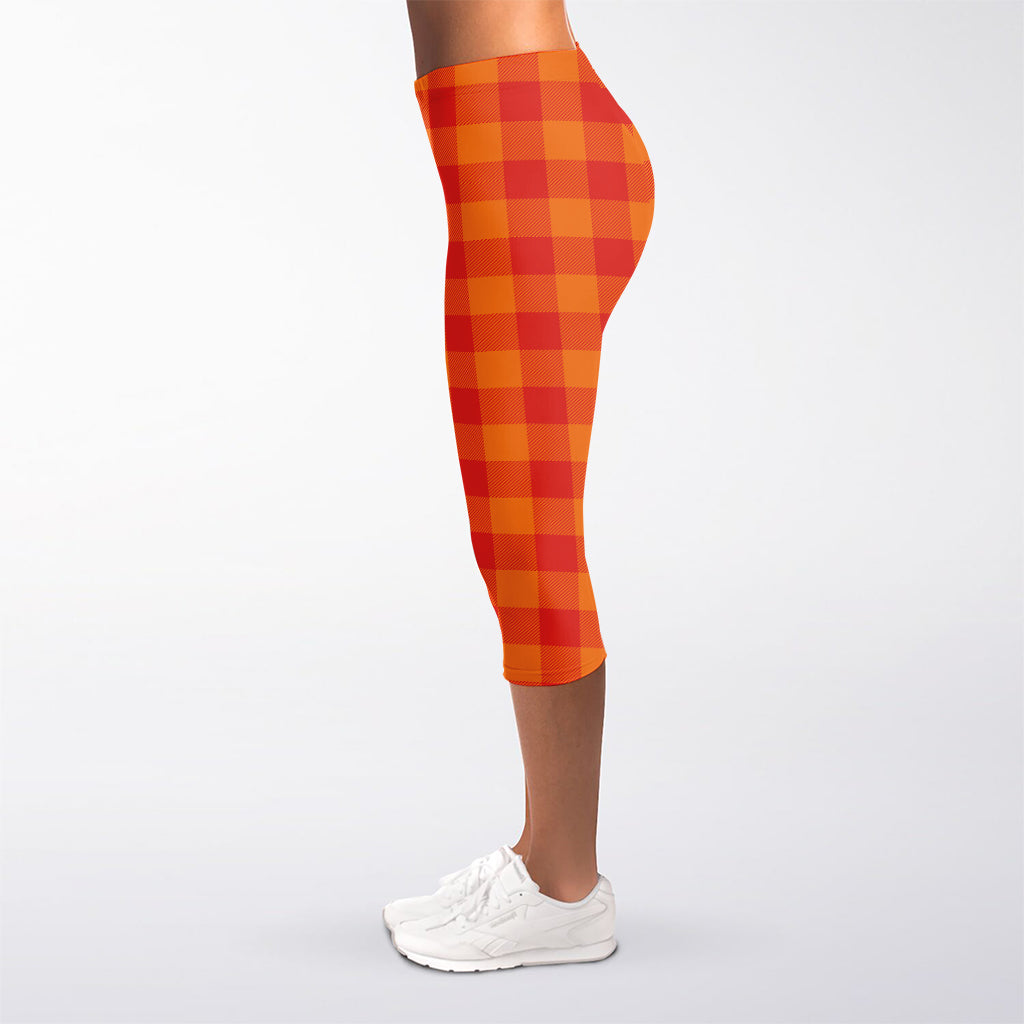 Orange Buffalo Check Pattern Print Women's Capri Leggings
