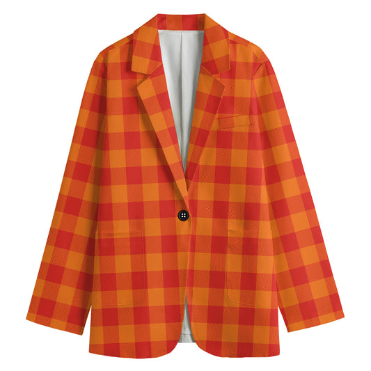 Orange Buffalo Check Pattern Print Women's Cotton Blazer