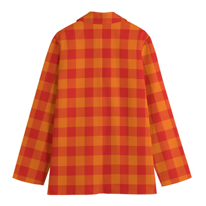Orange Buffalo Check Pattern Print Women's Cotton Blazer
