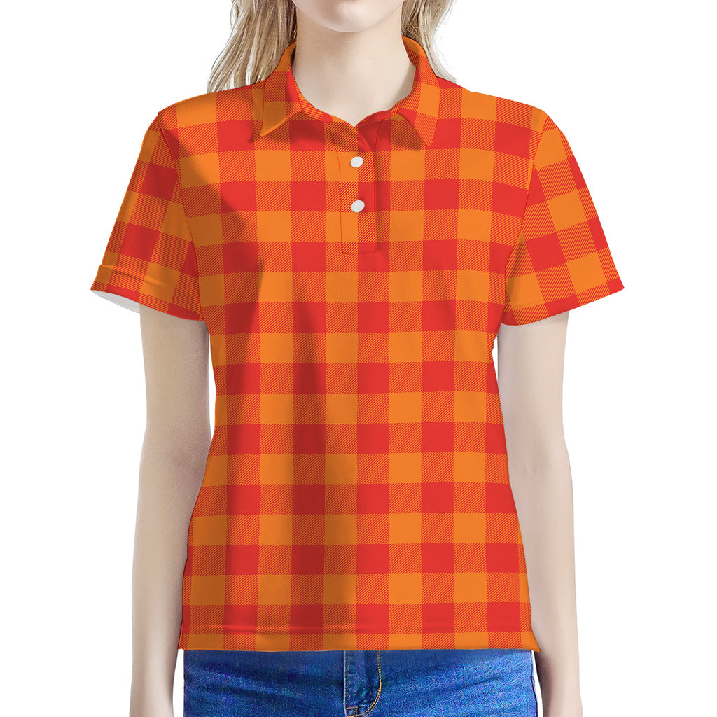 Orange Buffalo Check Pattern Print Women's Polo Shirt
