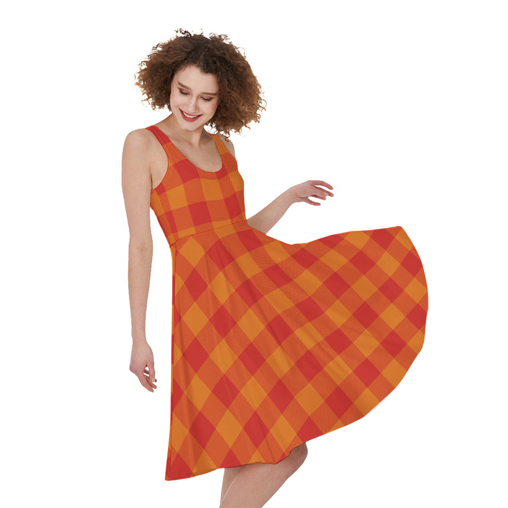 Orange Buffalo Check Pattern Print Women's Sleeveless Dress