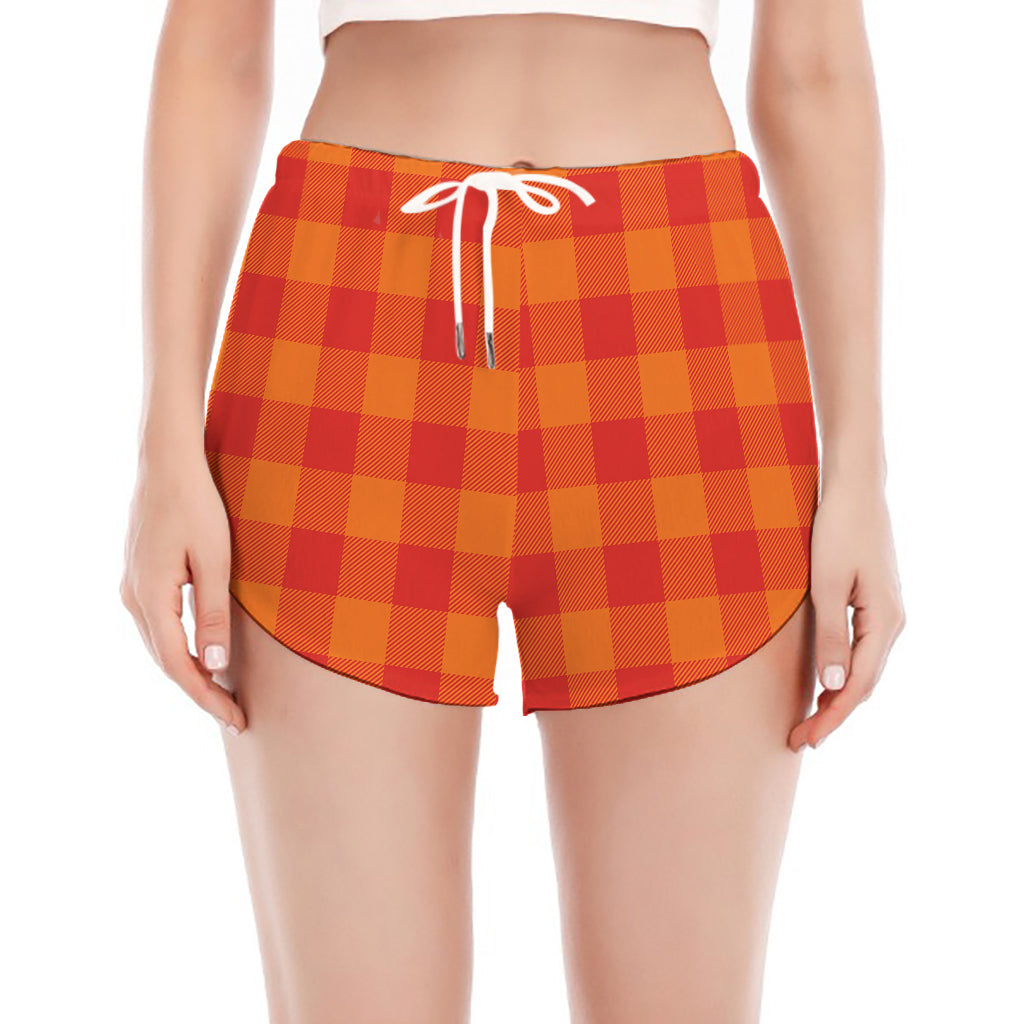 Orange Buffalo Check Pattern Print Women's Split Running Shorts