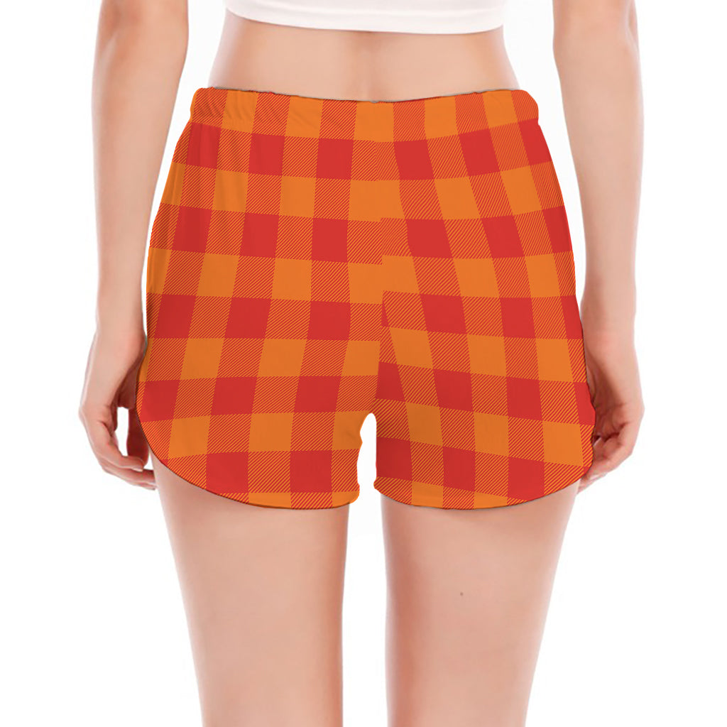 Orange Buffalo Check Pattern Print Women's Split Running Shorts