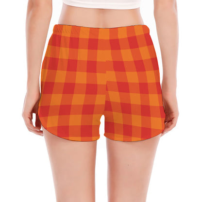 Orange Buffalo Check Pattern Print Women's Split Running Shorts