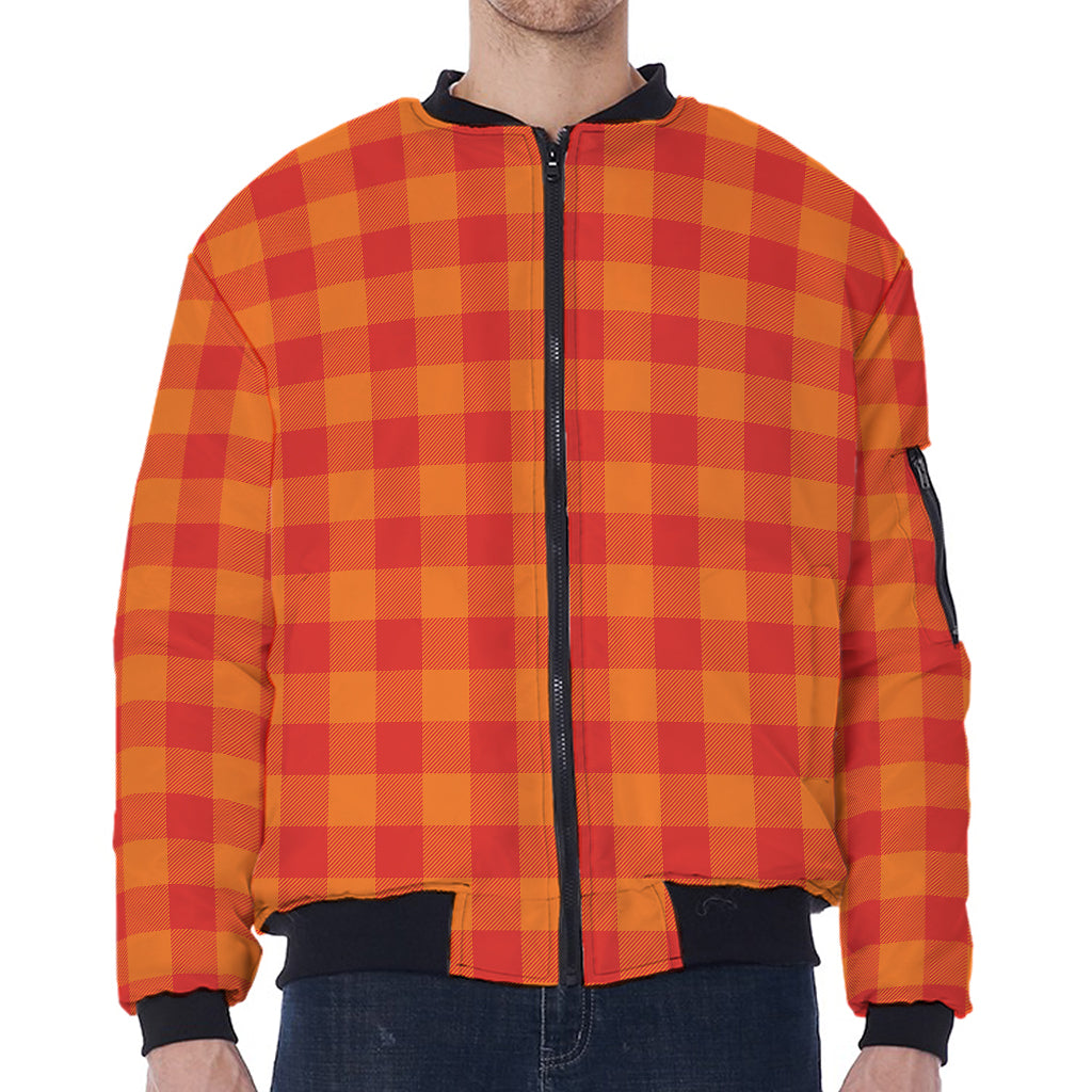 Orange Buffalo Check Pattern Print Zip Sleeve Bomber Jacket