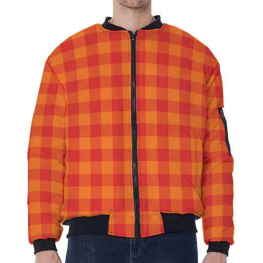 Orange Buffalo Check Pattern Print Zip Sleeve Bomber Jacket
