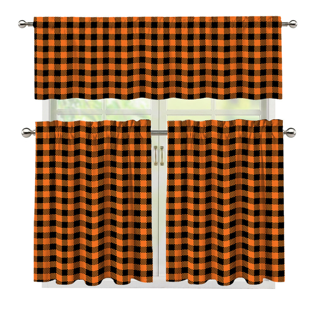 Orange Buffalo Plaid Print 3 Piece Kitchen Curtains