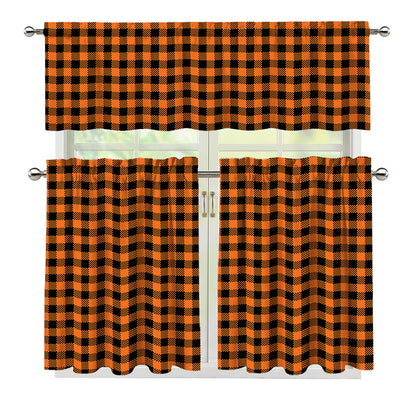 Orange Buffalo Plaid Print 3 Piece Kitchen Curtains