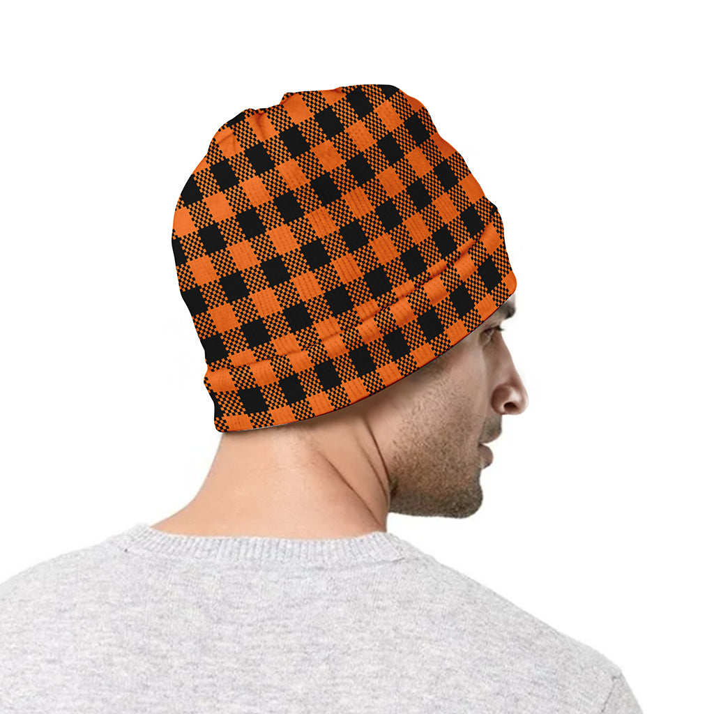Orange Buffalo Plaid Print Beanie