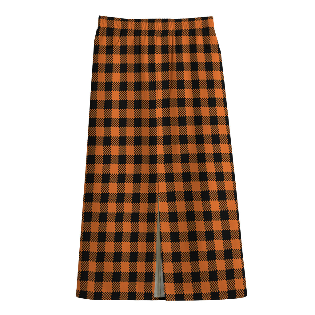 Orange Buffalo Plaid Print Cotton Front Slit Maxi Skirt