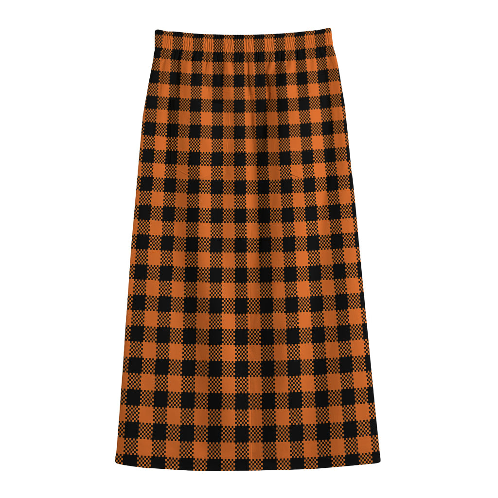 Orange Buffalo Plaid Print Cotton Front Slit Maxi Skirt