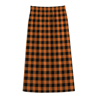 Orange Buffalo Plaid Print Cotton Front Slit Maxi Skirt