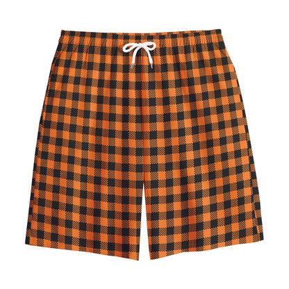 Orange Buffalo Plaid Print Cotton Shorts
