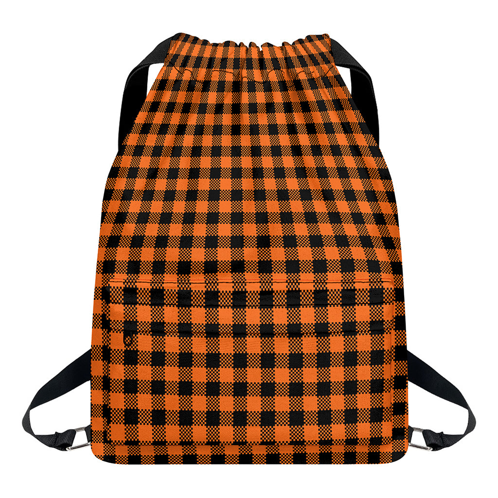 Orange Buffalo Plaid Print Drawstring Backpack