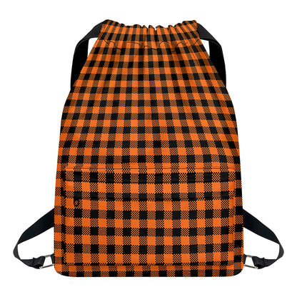 Orange Buffalo Plaid Print Drawstring Backpack