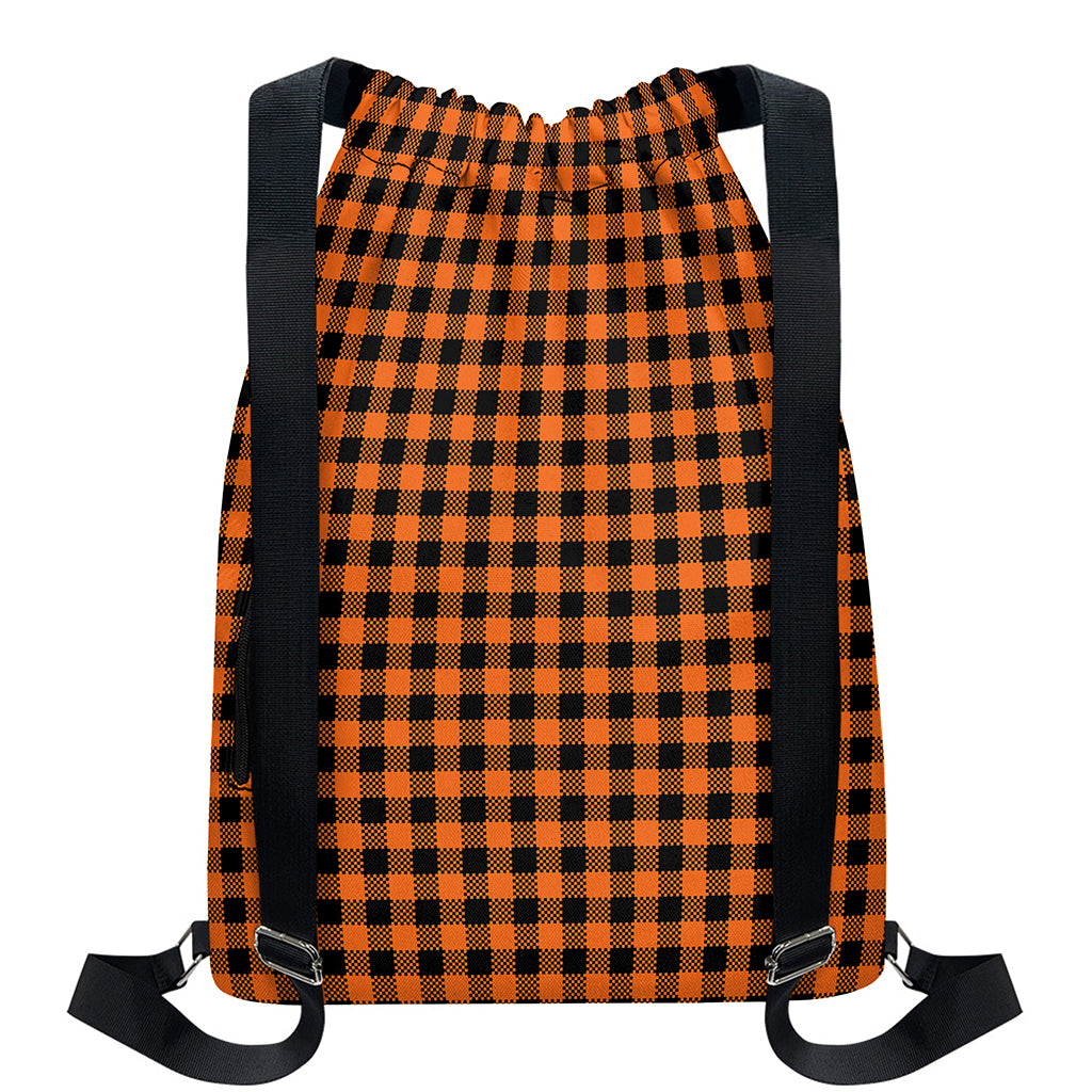 Orange Buffalo Plaid Print Drawstring Backpack