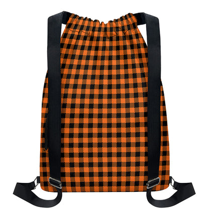Orange Buffalo Plaid Print Drawstring Backpack