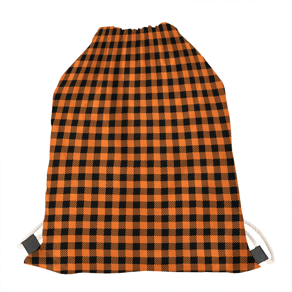 Orange Buffalo Plaid Print Drawstring Bag