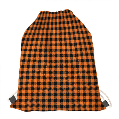 Orange Buffalo Plaid Print Drawstring Bag